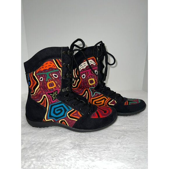 Handmade LaceUp Black Boots With Colorful Tribal Embroidered Design Womens Size8 - Picture 4 of 9
